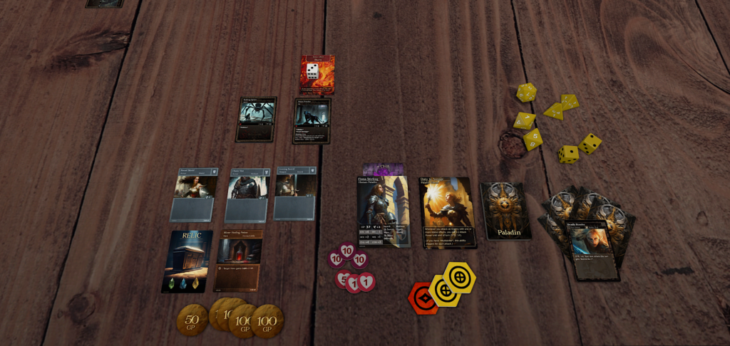 A screenshot of a player's cards and a few piles of different tokens on a virtual table in the middle of a digital prototype game